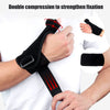 A hand is applying a black wrist and thumb support brace to strengthen fixation.