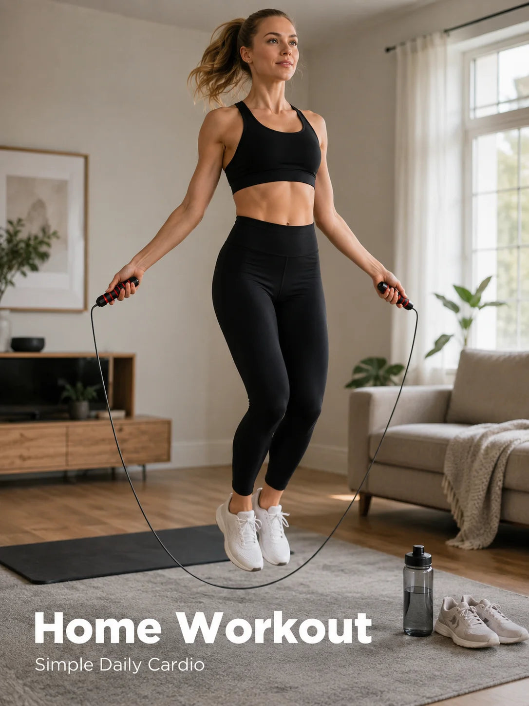 A woman performing a home workout using an adjustable weighted speed jump rope in a bright living room.