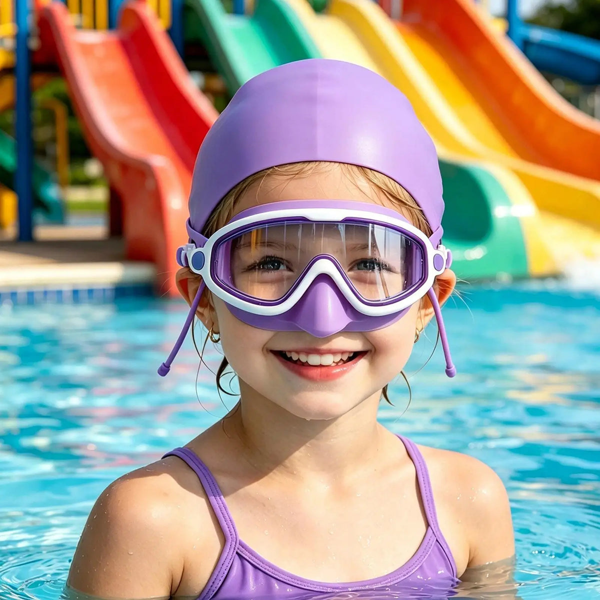 A smiling young girl wearing purple swimming goggles and a matching purple swim top in a pool.