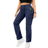 Navy women's straight fit drawstring cargo pants with side pockets and ankle cuffs