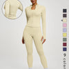 Model in beige zip-up top and leggings from a women's two-piece yoga set.