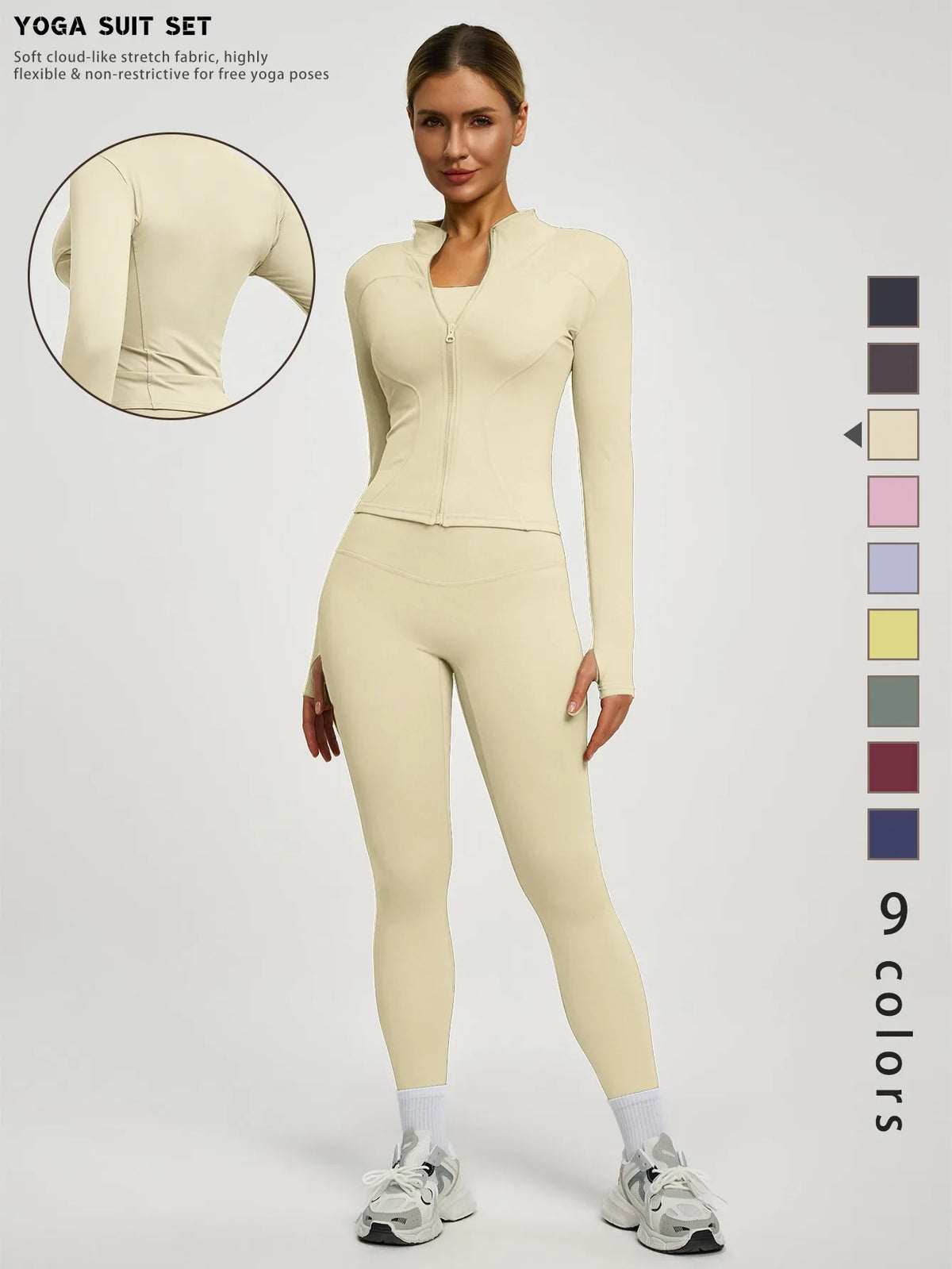 Model in beige zip-up top and leggings from a women's two-piece yoga set.