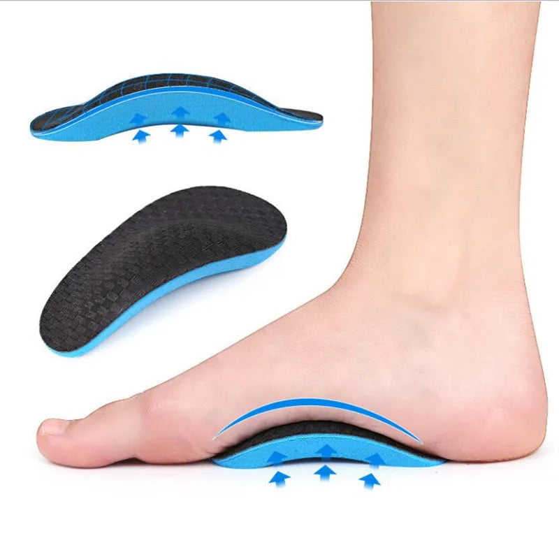 Blue and black orthopedic EVA arch support insoles shown in various angles on a foot.