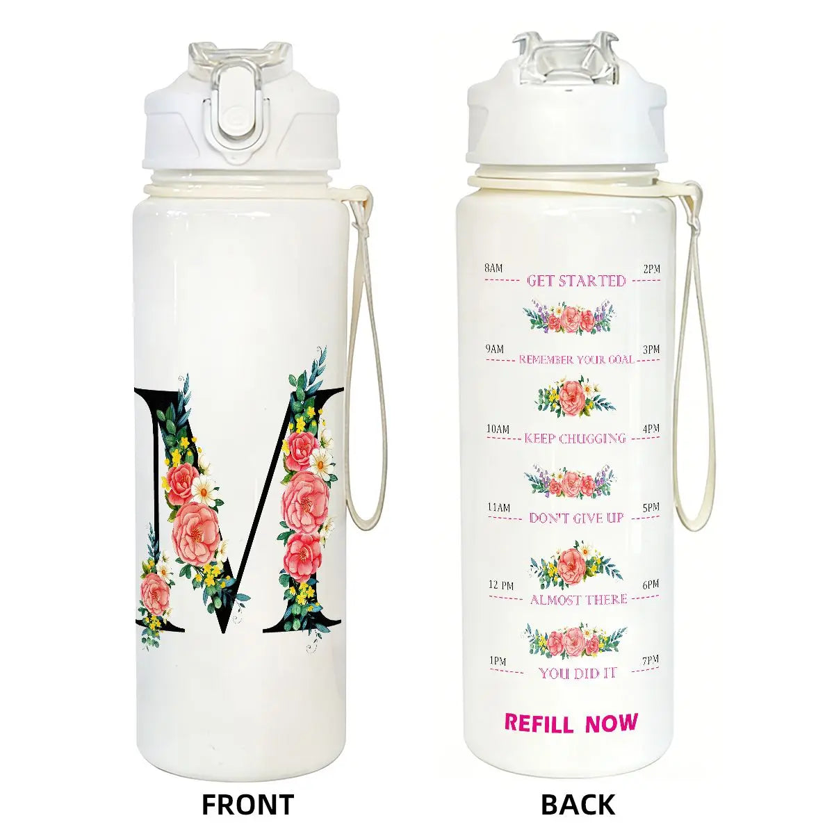Front and back views of a white insulated straw tumbler for hydration
