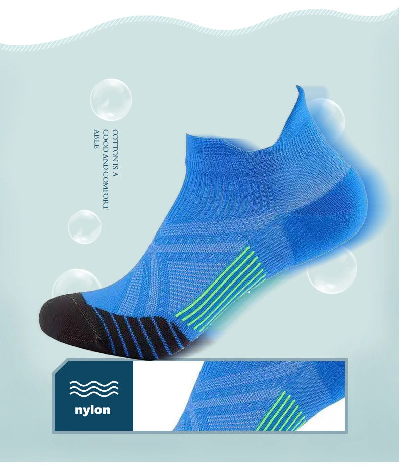 Blue and black performance compression sports socks shown on a foot, highlighting nylon material.