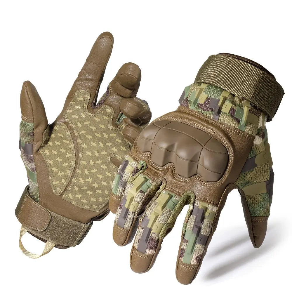 A pair of brown tactical PU leather cycling gloves shown against a white background.