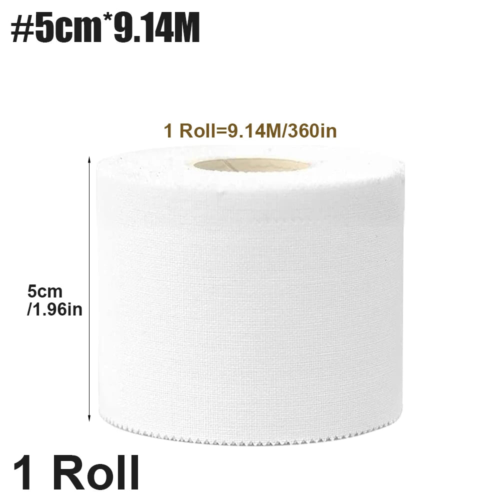 A roll of white athletic support tape, measuring 5cm or 1.96in wide.