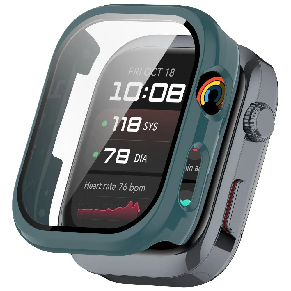 A smartwatch with a dark green case displaying time 10:08, heart rate 76 bpm, and system stats.