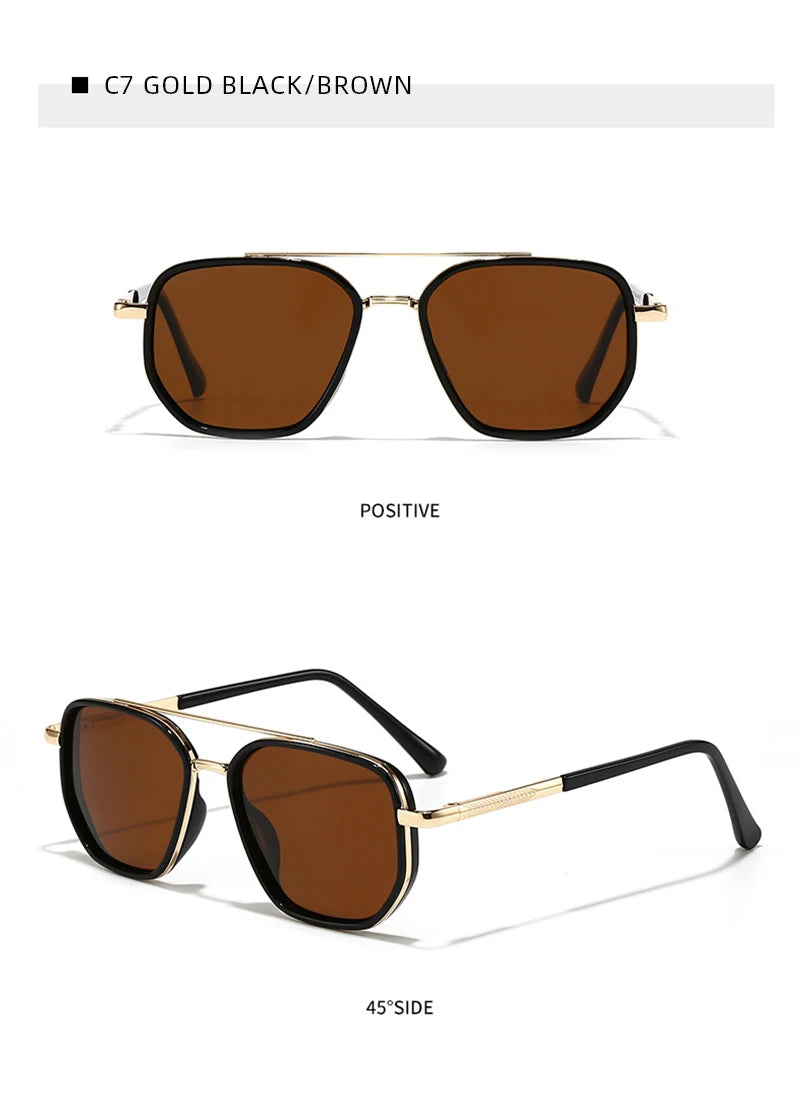 Gold black/brown square sunglasses shown in positive and 45 degree side views