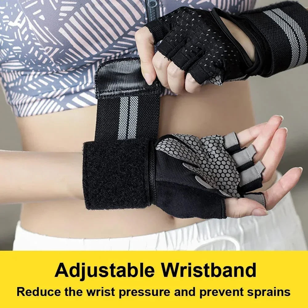 Black adjustable wristband and gloves worn on a hand, used for reducing wrist pressure and preventing sprains.