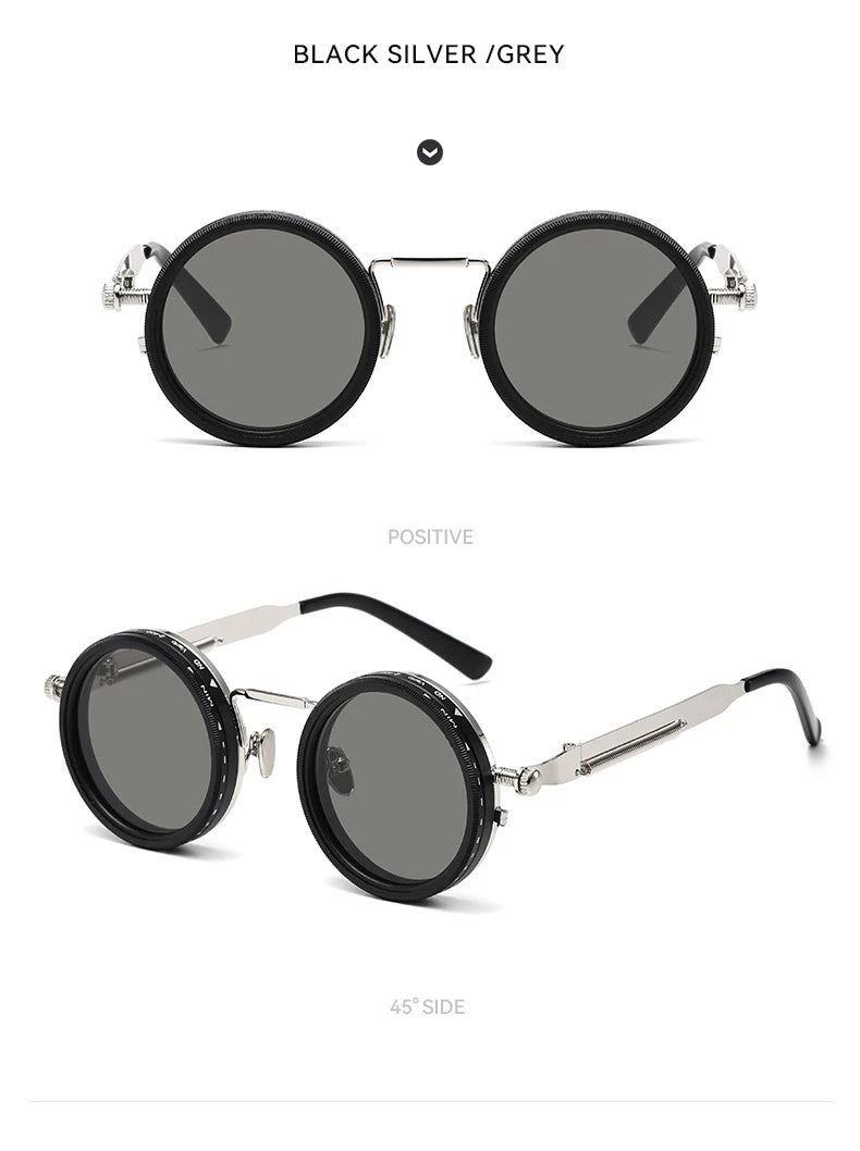 Black silver grey polarized round sunglasses shown in positive and 45 degree side views