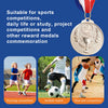 A set of gold, silver, and bronze sports achievement medals displayed next to images showing running, football, and blue ball