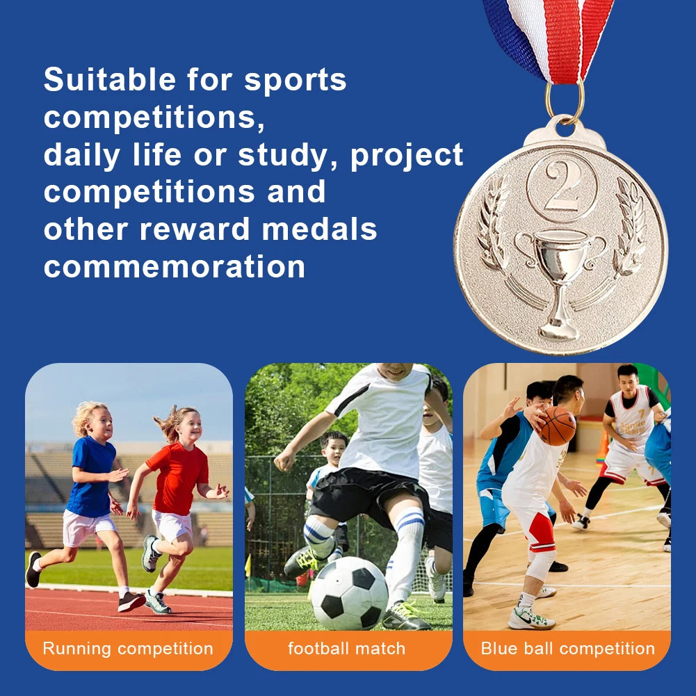 A set of gold, silver, and bronze sports achievement medals displayed next to images showing running, football, and blue ball