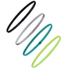 A pack of four non-slip elastic sport headbands in black, gray, teal, and lime green.