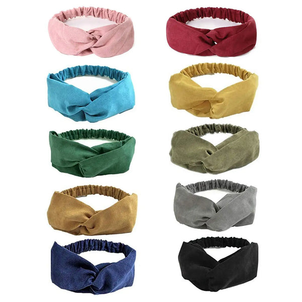 Collection de neuf bandeaux de tissu dans diverses couleurs : rose, rouge, bleu, jaune, vert, olive, or et noir.