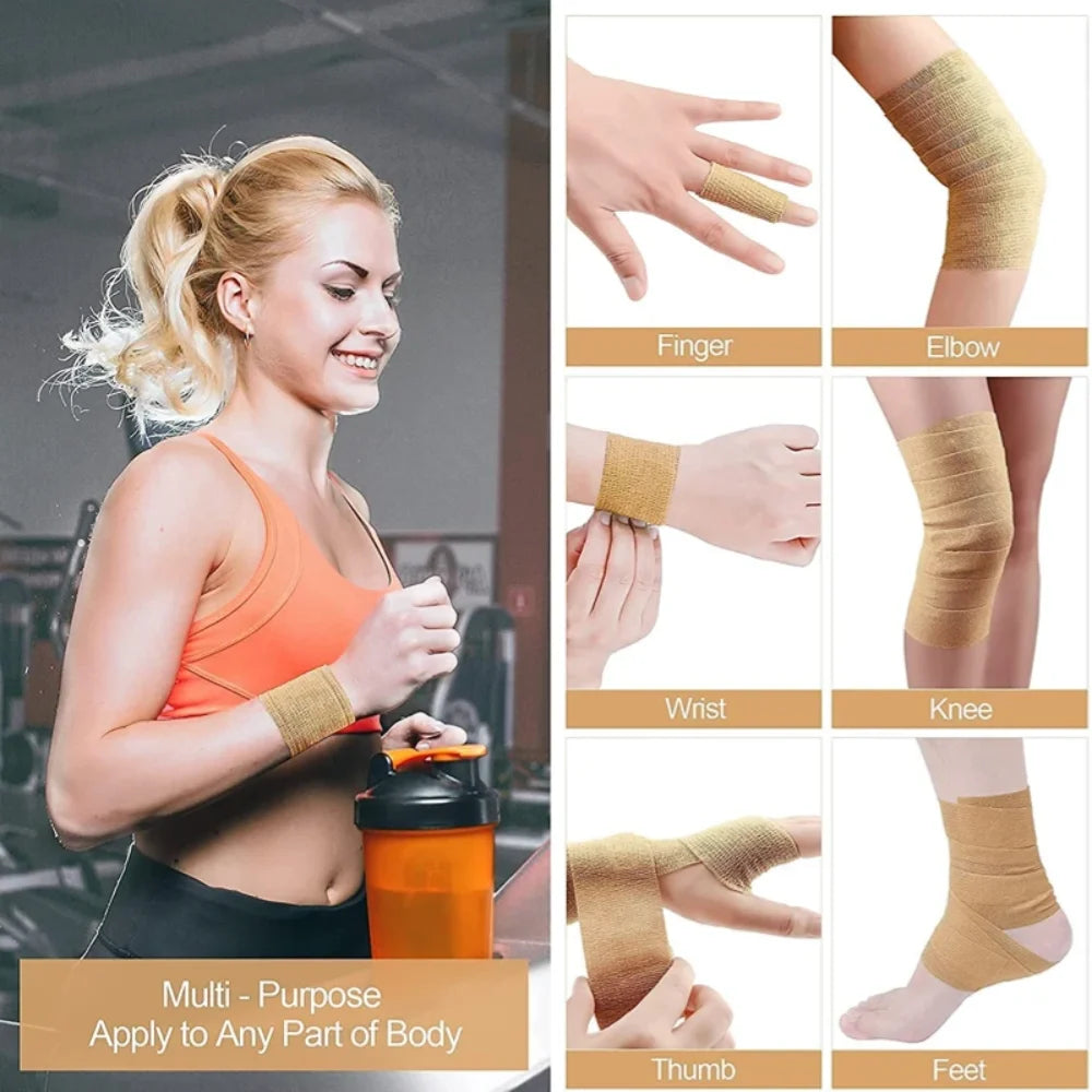 A woman demonstrates applying a multi-purpose self-adhesive elastic bandage tape to her finger, elbow, wrist, knee, thumb, an