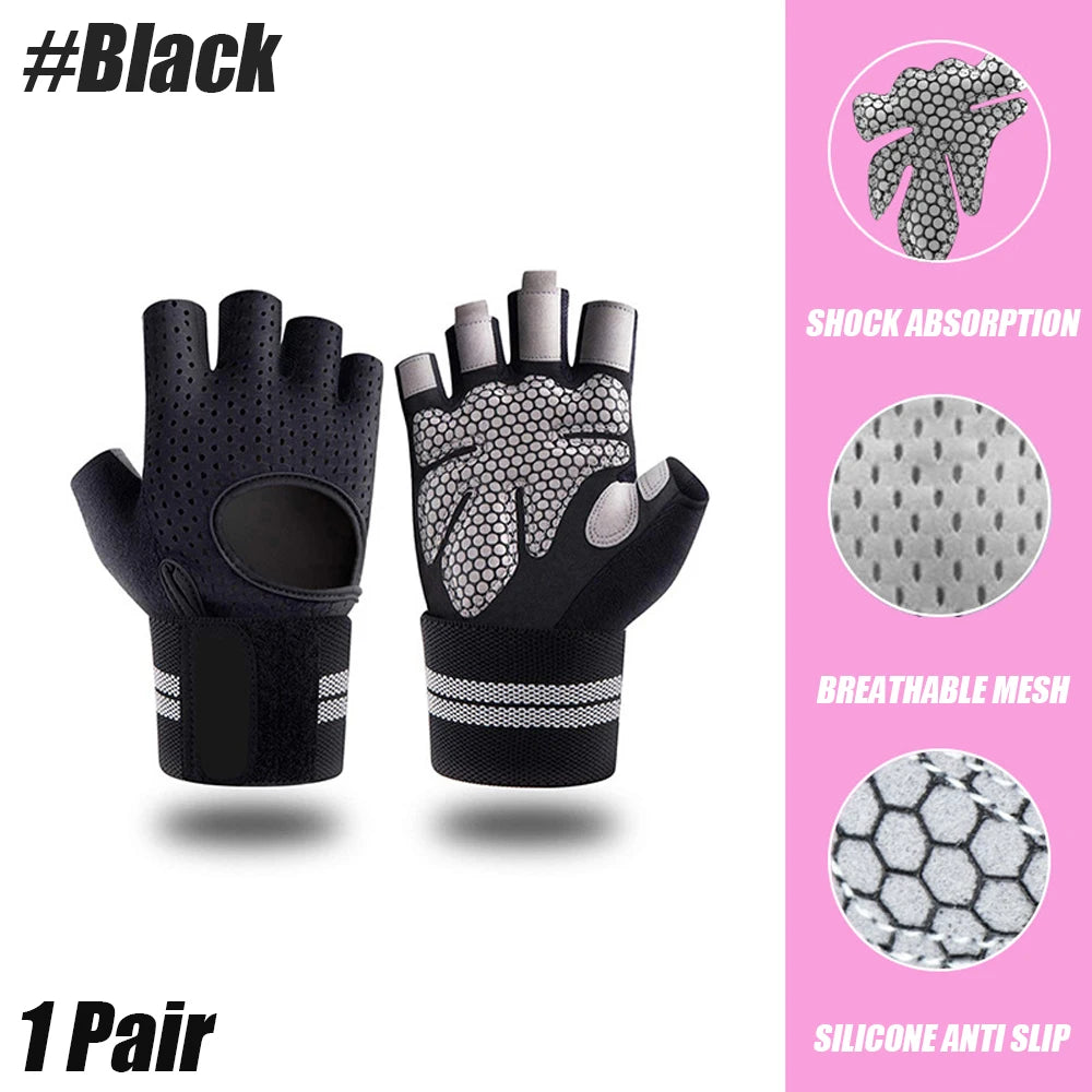 A pair of black mesh hand gloves designed for shock absorption and breathable grip.