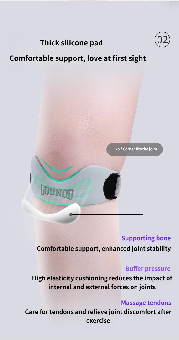 A silicone pad is shown fitted around a knee joint on a leg, demonstrating support and stability.