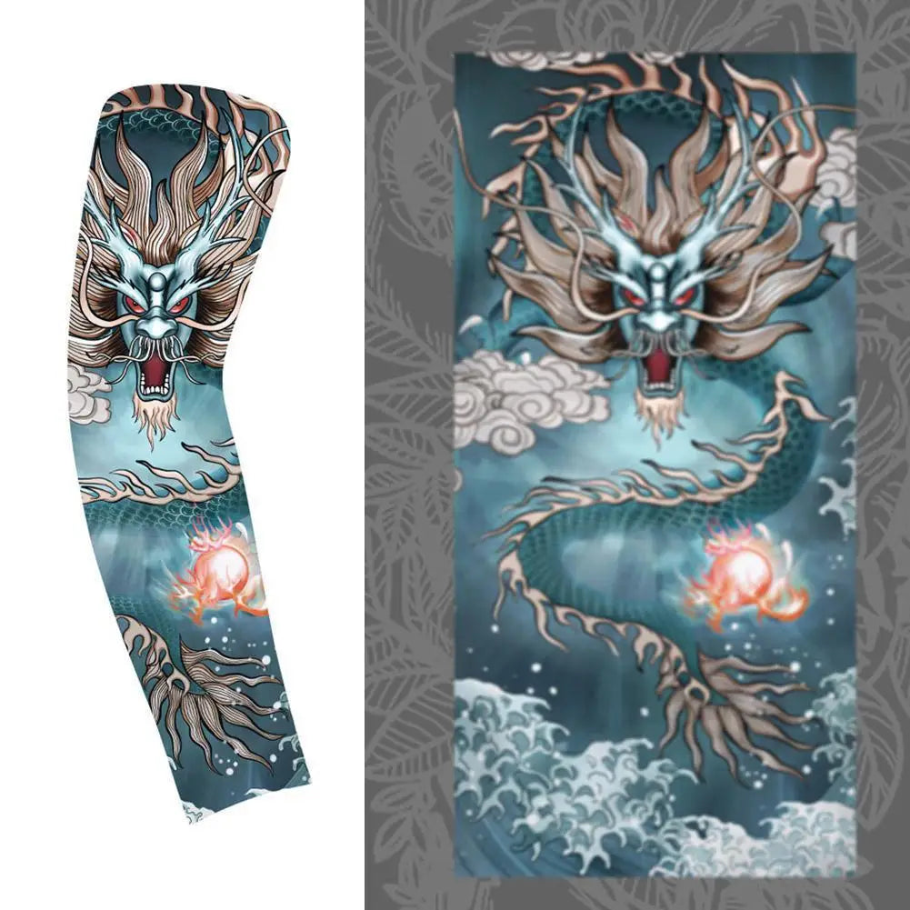 A vertical illustration of an ice silk sun protection arm sleeve featuring a fierce dragon head in blue and white tones.