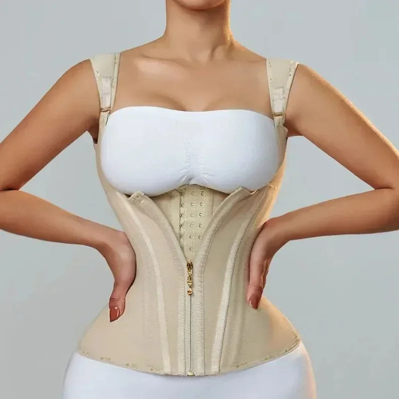 A beige adjustable body shaper corset vest top worn by a model.