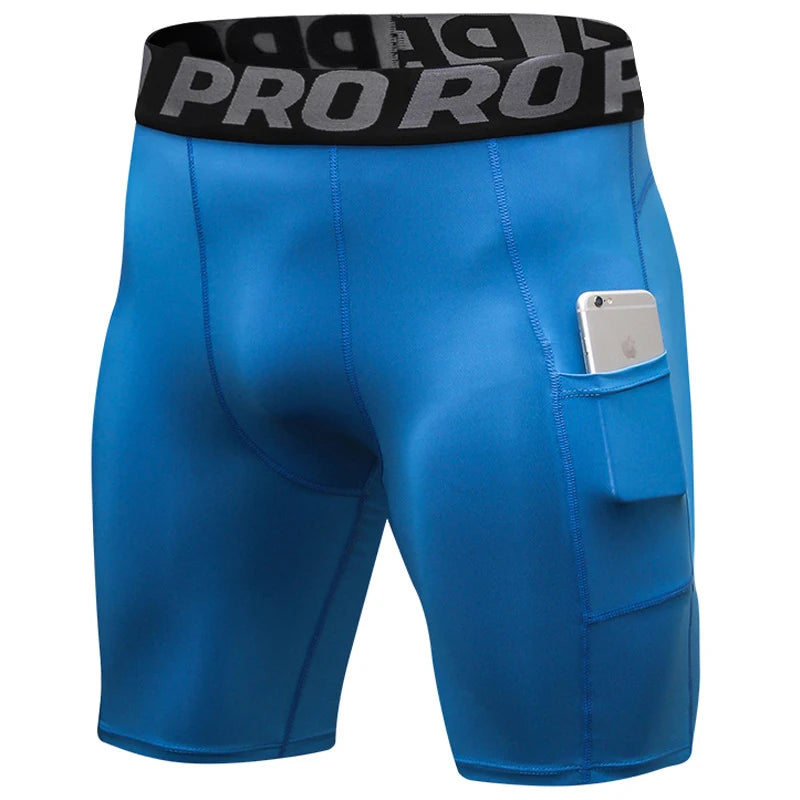 Shorts deportivos para hombre azules con cintura negra y bolsillo lateral.
