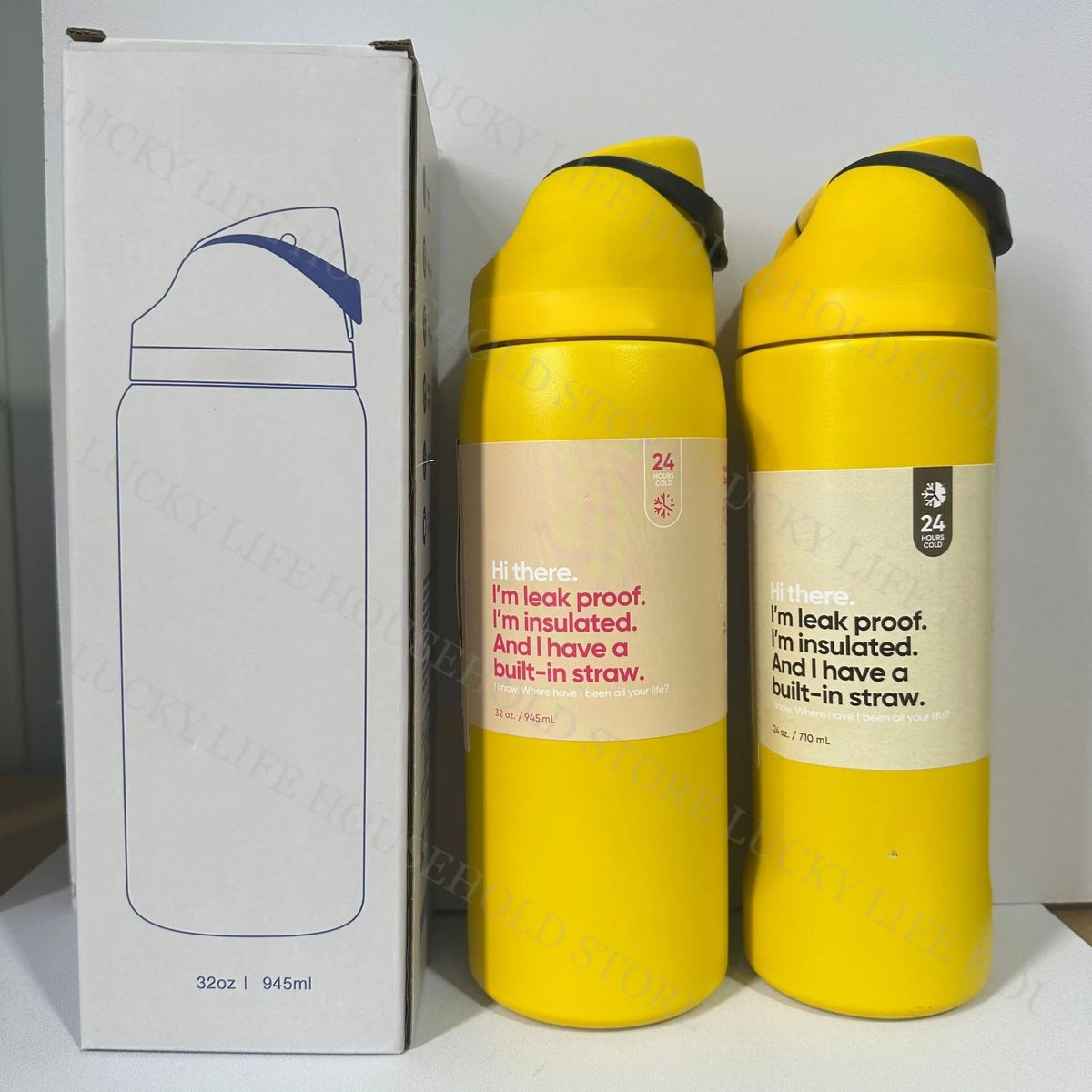 A yellow insulated sports water bottle is shown next to its packaging box.
