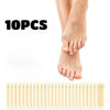 A set of ten clear silicone blister patches for foot protection are shown next to a person's bare foot.