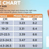 A size chart showing palm circumference and middle finger length measurements for various glove sizes.