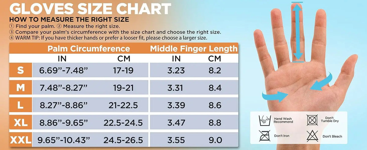 A size chart showing palm circumference and middle finger length measurements for various glove sizes.