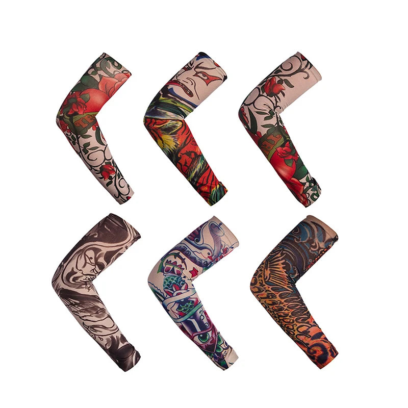 Eight variations of long seamless tattoo sleeves featuring floral and abstract patterns in various colors