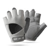 A pair of gray half finger sports gloves for weight lifting and exercise shown from above.