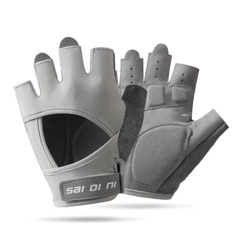 A pair of gray half finger sports gloves for weight lifting and exercise shown from above.
