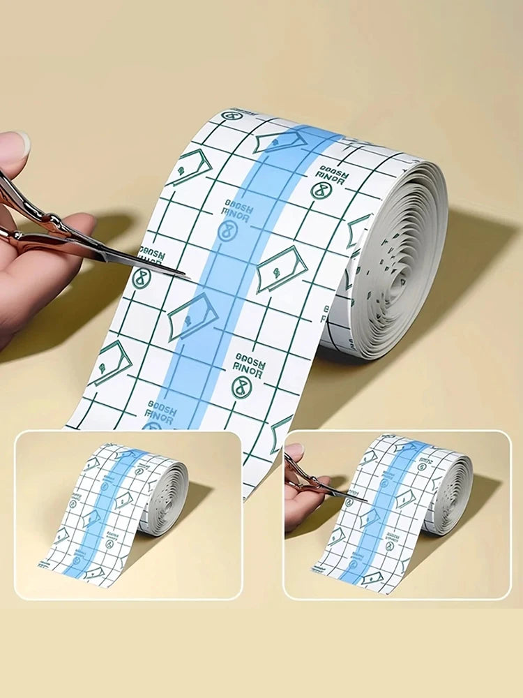 Roll of transparent self-adhesive finger protection tape with a grid pattern being held by tweezers.