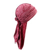 A deep burgundy velvet durag head wrap with frayed edges, styled as a pirate bandana.