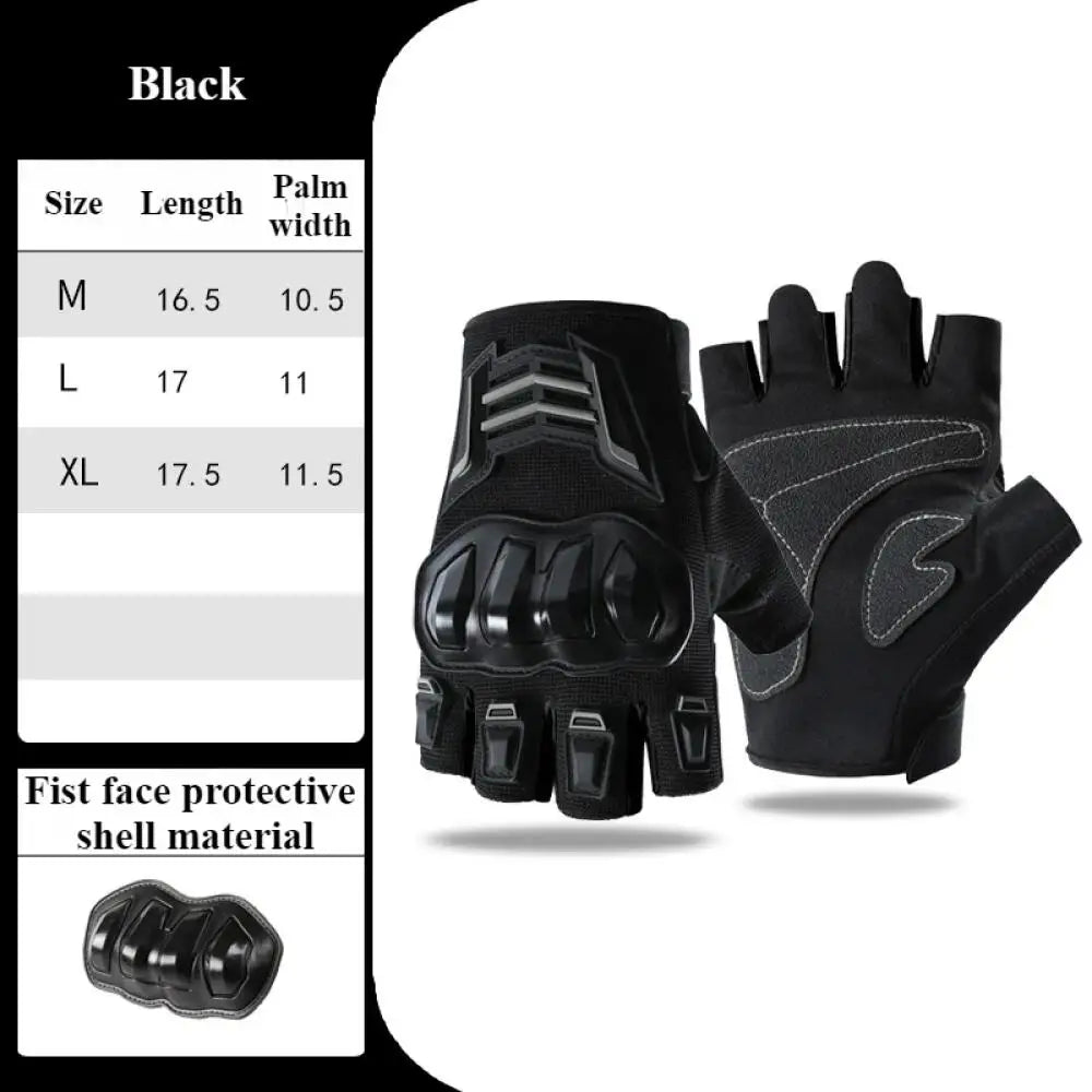 Black breathable half-finger motorcycle cycling gloves shown with size chart and protective shell material detail