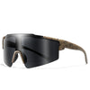 A pair of dark sunglasses with brown and black accents shown in profile view.