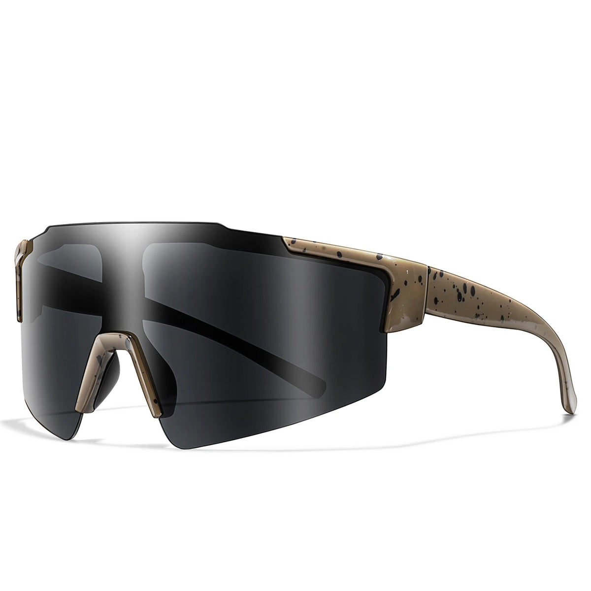 A pair of dark sunglasses with brown and black accents shown in profile view.