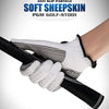 A close-up of a hand wearing white anti slip particle soft sheepskin golf gloves gripping a golf club.