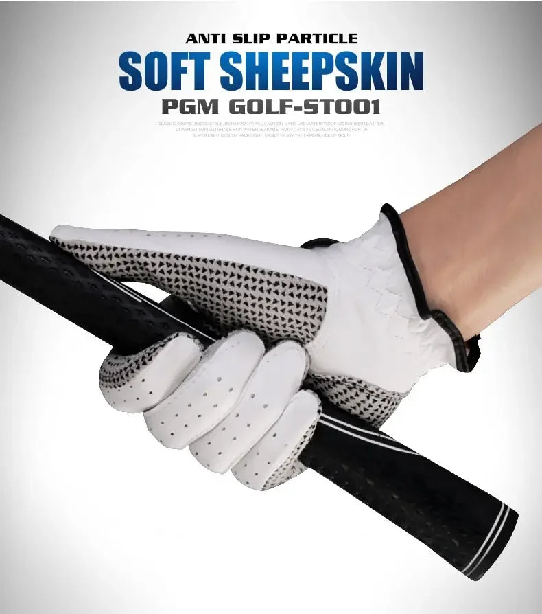 A close-up of a hand wearing white anti slip particle soft sheepskin golf gloves gripping a golf club.