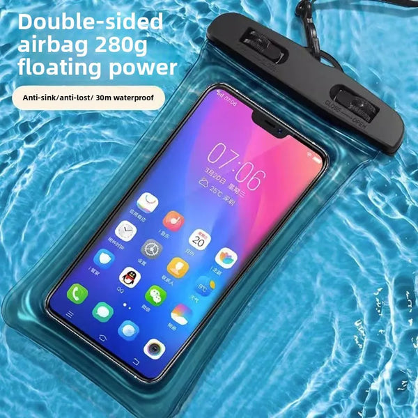 A clear silicone phone pouch with a double-sided airbag floating power feature is shown submerged in water.