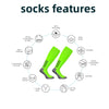 Diagram showing the features of professional training football socks including antimicrobial, cushioning, arch support, and v