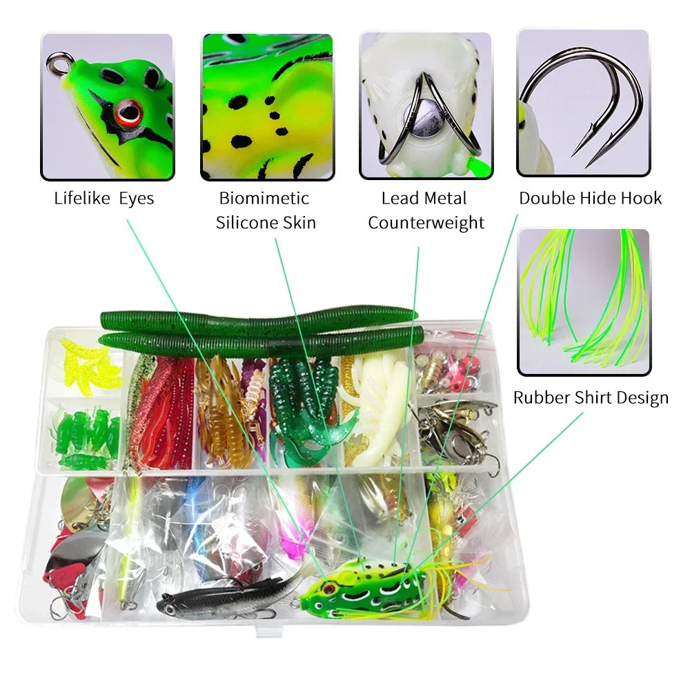 A kit of multi-function fishing lures including eyes, silicone skin, lead metal counterweights, and rubber shirt designs.