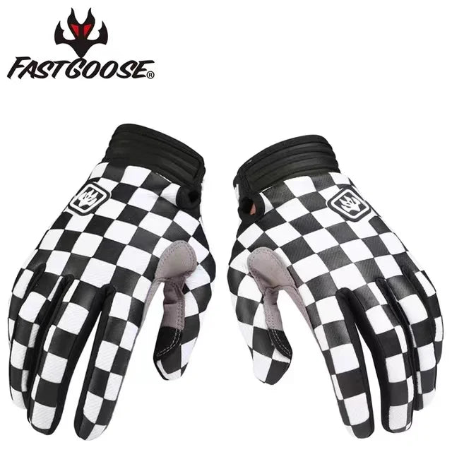 A pair of black and white checkered motocross and off-road cycling gloves shown from the palm side.