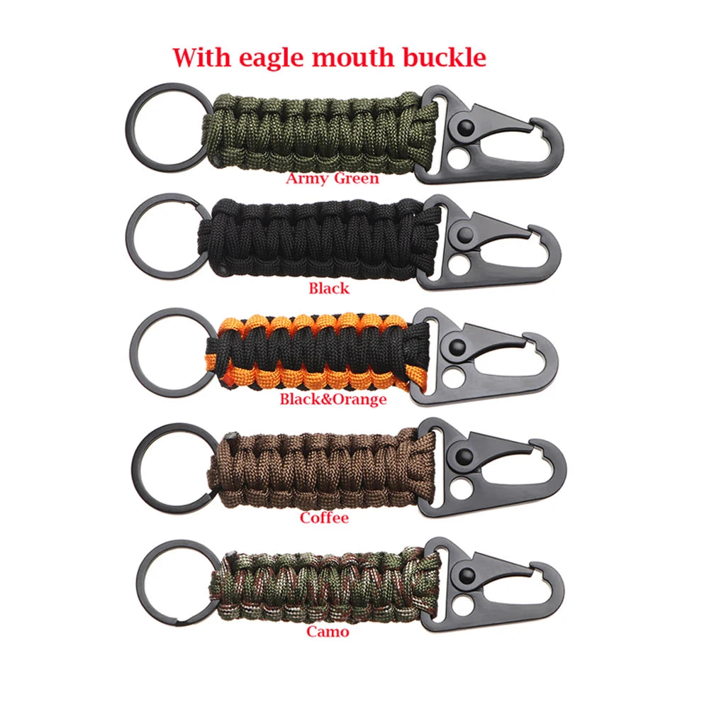A set of multi-tool keychains featuring eagle mouth buckles in Army Green, Black, Black&Orange, Coffee, and Camo colors.