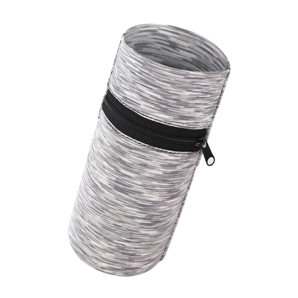 A gray zippered wrist bag designed to hold a phone and key card.