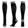A pair of black compression socks with gray elastic bands shown vertically.