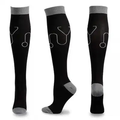 A pair of black compression socks with gray elastic bands shown vertically.