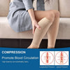 A person wearing beige compression leg sleeves demonstrating longitudinal and lateral pressure for improved blood circulation