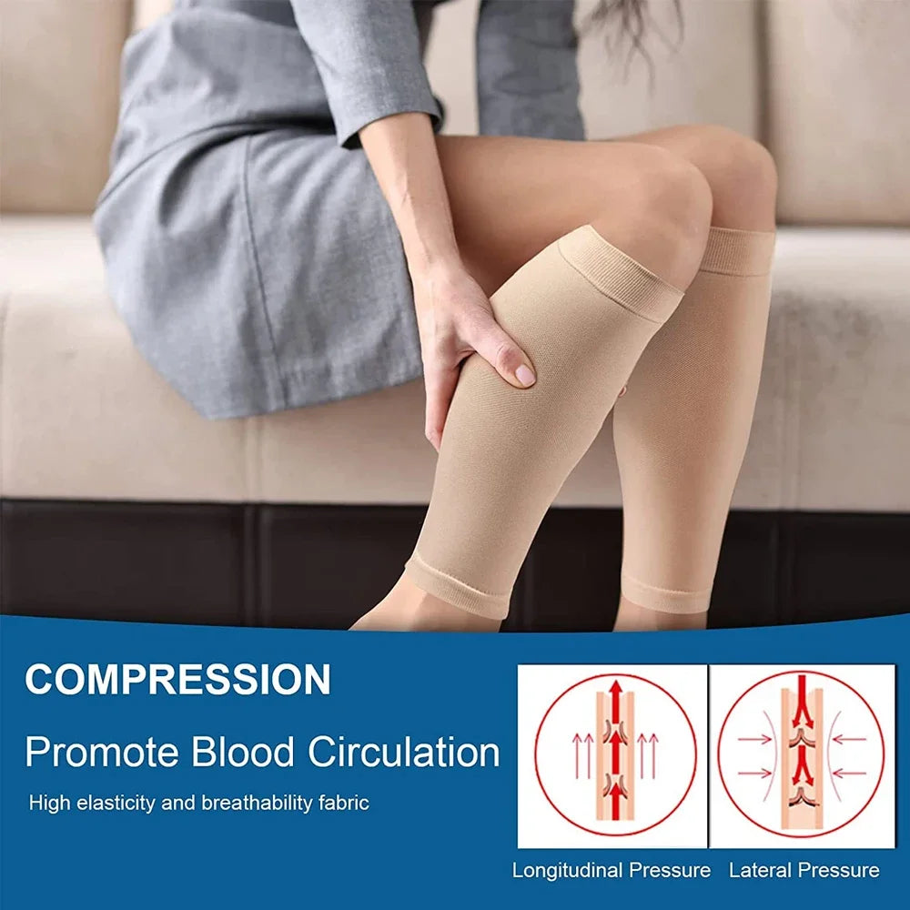 A person wearing beige compression leg sleeves demonstrating longitudinal and lateral pressure for improved blood circulation