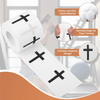 Roll of white cotton and zinc oxide athletic tape with a serrated edge and Christian inspired design